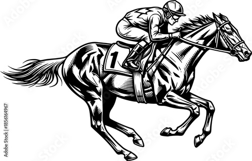 Elegant horse racing illustration in black and white vintage woo
