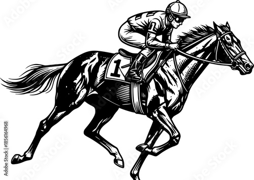 Elegant horse racing illustration in black and white vintage woo

