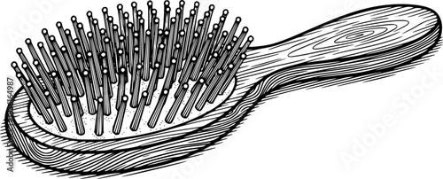 Elegant woodcut illustration of a classic hairbrush with wooden
