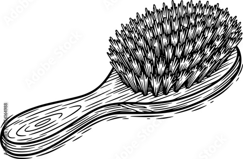 Elegant woodcut illustration of a classic hairbrush with wooden

