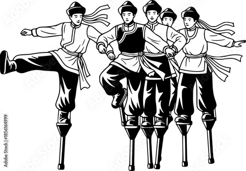 Black and white illustration of people on stilts performing a sh

