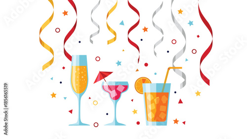 Three festive cocktail glasses, including champagne, margarita, and orange juice, with colorful streamers and confetti.