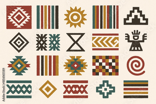Bolivian textile flat icon set with traditional woven patterns on white background