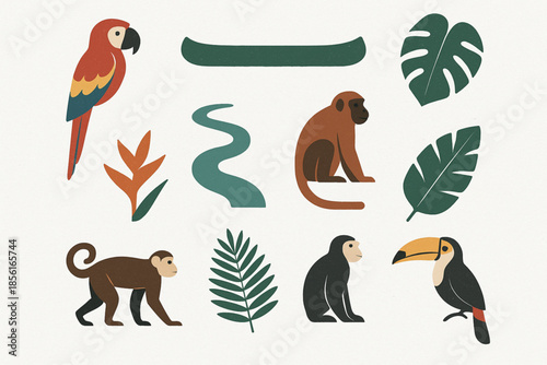 Bolivian Amazon flat icon set with tropical wildlife and jungle symbols on white background