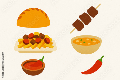 Bolivian cuisine flat icon set with traditional food dishes on white background