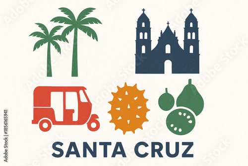 Santa Cruz Bolivia flat city icon set with tropical urban symbols on white background