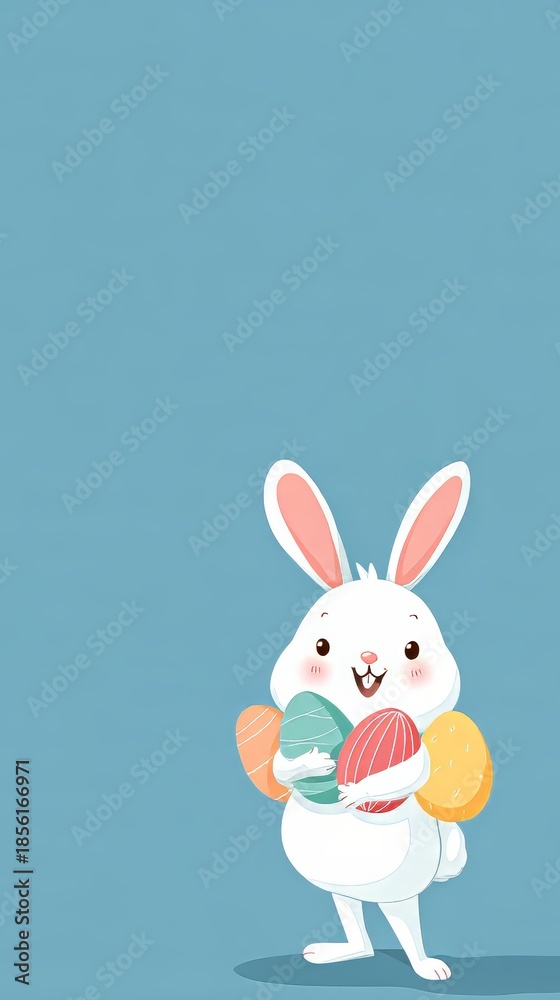 Obraz premium Cute white rabbit holding colorful decorated Easter eggs. Happy Easter concept wallpaper, greeting card, or social media background. Spring holiday.