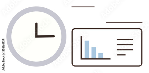 Clock beside a data chart with bar graph and text lines. Ideal for productivity, planning, schedule, efficiency, time tracking, business strategy, simple flat metaphor