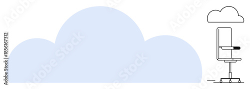 Technology, remote work, cloud storage, innovation, business planning, modern workspace. A large blue cloud and a minimal office chair design. Remote work and cloud storage concept