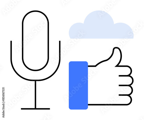 Voice recognition concept. Voice recognition illustrated through a microphone symbol, thumbs-up, and cloud icon. Voice technology for smart devices, data sharing, and digital interaction. Relevant