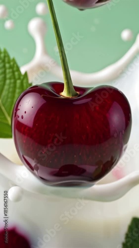 Delicious appetizing cherry in white yogurt drops