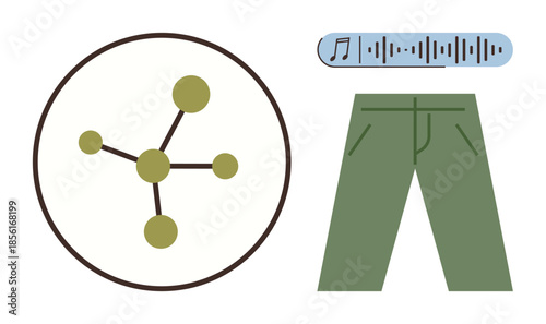Molecule with connected atoms, sound waveform, and green pants evoke science, technology, fashion, creativity, sustainability, and audio innovation. Ideal for education research design audio tech