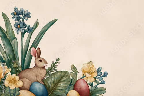 Easter bunny with colorful eggs and spring flowers for greeting card. Holiday background with space for text. Vintage illustration concept.