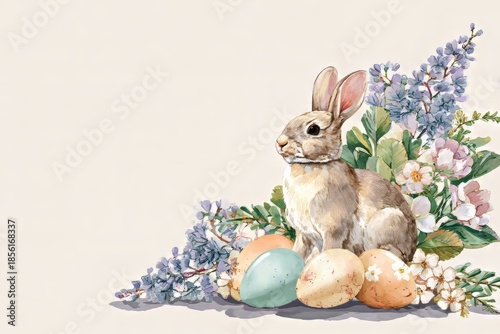 Rabbit sits among spring flowers and painted eggs. Easter holiday decorative illustration for greeting card design.