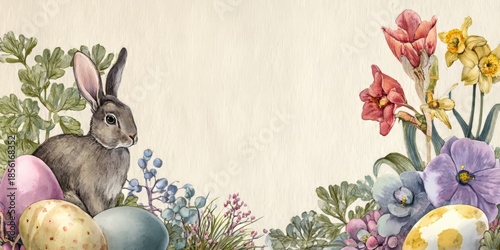 Watercolor illustration of a bunny with Easter eggs and spring flowers on a textured background. Festive design for greeting card or banner template.