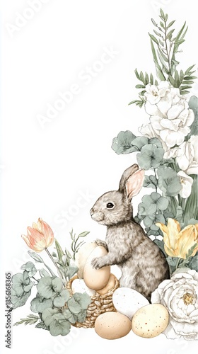 Cute rabbit with Easter eggs and spring flowers, watercolor illustration for greeting card, holiday decoration, or seasonal design.