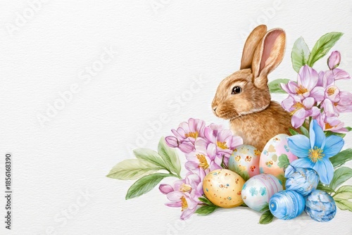 Cute brown rabbit with colorful Easter eggs and spring flowers. Holiday greeting card design. Watercolor illustration with space.