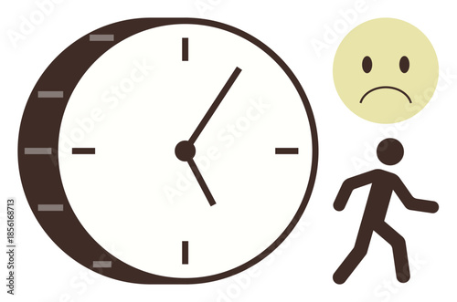 Large clock with rushing person and sad face signifying time pressure, urgency, or emotional stress. Ideal for productivity, time management, deadlines, stress, work-life balance, pressure simple