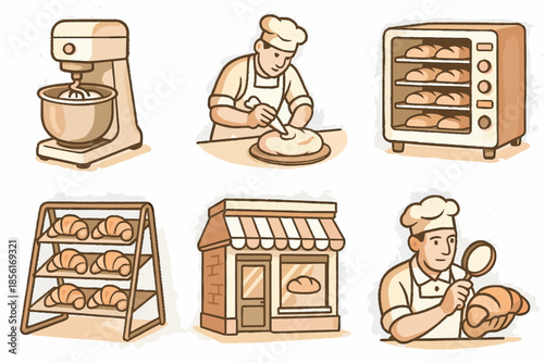 Machine warm even croissant bakery icon background layout display vector production illustrations