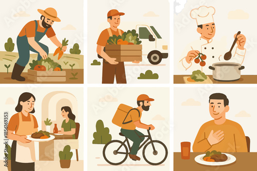 Farm vector to satisfied courier icon delivery background table serving local farmer