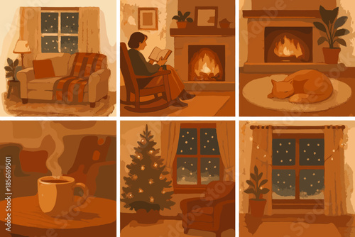 Rug reading no lights sofa winter fireplace vector icon cozy drink composition