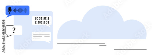 Speech bubble with sound wave icon, speech, binary code, and cloud. Ideal for cloud computing, AI, data processing, communication collaboration technology and analysis. Simple flat metaphor