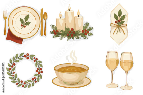 Setups no glasses balanced festive steaming icon white vector elegant plates table