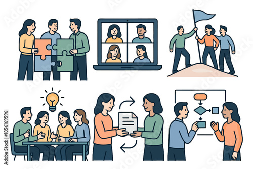 Illustrations sharing workflow vector pieces goal people icon project cooperation shared holding