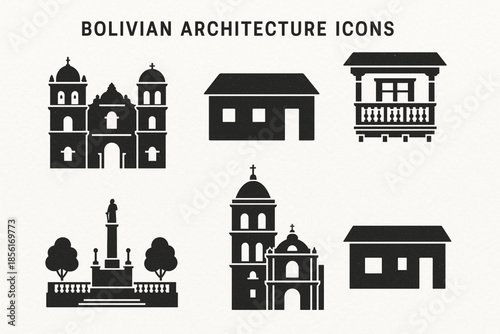 Bolivian architecture flat icon set with colonial and traditional buildings on white background