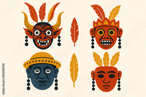 Bolivian folkloric mask flat icon set with traditional dance masks on white background