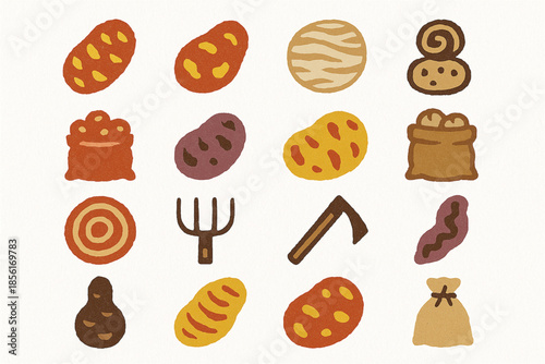 Bolivian potato diversity flat icon set with native crops and farming symbols on white background