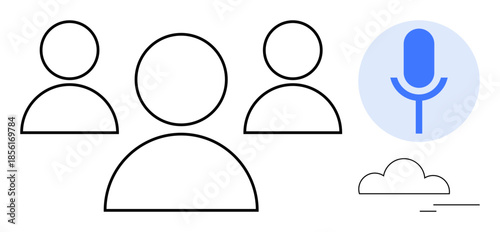 Voice recognition, collaboration, communication, cloud storage, technology, user interaction. Group of people, microphone icon and cloud symbol. Voice recognition and collaboration concept