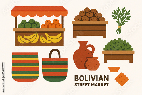 Bolivian street market flat icon set with traditional stalls and crafts on white background