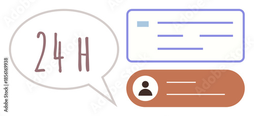 Chat bubble with 24 H, user profile banner, and messaging interface. Ideal for customer service, communication, availability, online assistance, user experience, networking responsive support