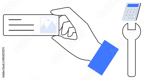 Identity verification, workflow optimization, authentication, digital tools, business management, repair. A hand holding an ID card, calculator and wrench icon. Identity verification and workflow