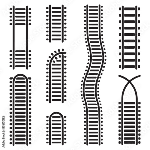 Railroad Track Elements Set – Straight, Curved and Junction Railway Rails, Minimalist Editable Vector Icons