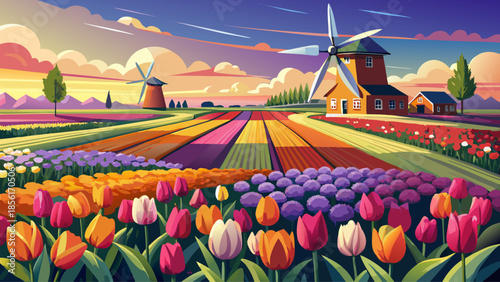 Very beautiful wide landscape of blooming tulip fields stretching across the countryside with windmills on the horizon, capturing the colorful essence of the Netherlands during spring.