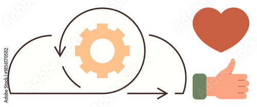 Cloud with integrated gear cycle, heart, and thumbs-up symbolizing teamwork, efficiency, and approval. Ideal for collaboration, innovation, technology, optimization productivity feedback workflow