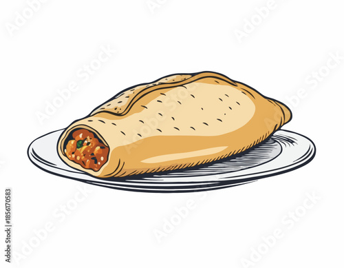 Detailed Woodcut Illustration of a Savory Empanada Pastry on White Backdrop
