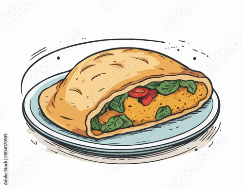 Detailed Woodcut Illustration of a Savory Empanada Pastry on White Backdrop
