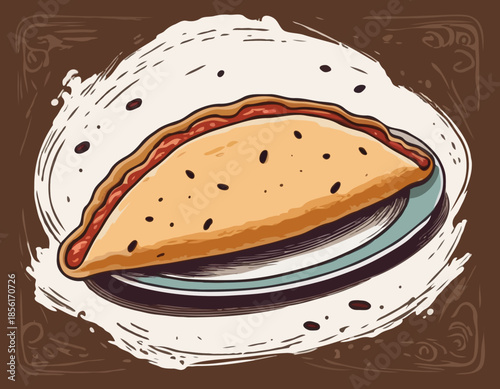 Detailed Woodcut Illustration of a Savory Empanada Pastry on White Backdrop

