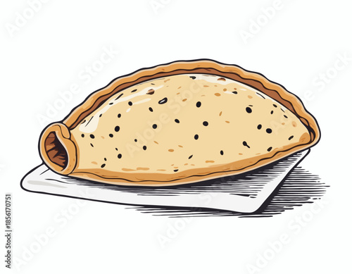 Detailed Woodcut Illustration of a Savory Empanada Pastry on White Backdrop
