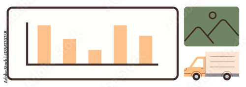 Bar chart analysis, logistics truck, and photo thumbnail representing data management, shipment tracking, infographic design. Ideal for logistics, analytics, business, strategy shipping supply