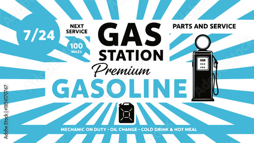 Retro poster design template for gas station. Retro poster design for gas pump. Gas station, motor oil and gasoline.	Transparent background SVG version.