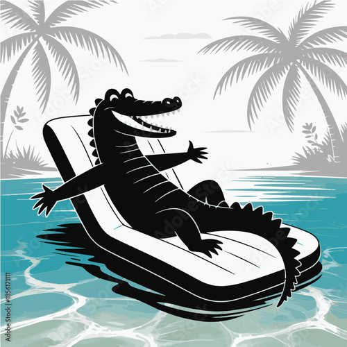 Relaxing Crocodile on Pool Float Vector – Cute Alligator Silhouette Sunbathing on Inflatable Ring, Tropical Beach Summer Illustration