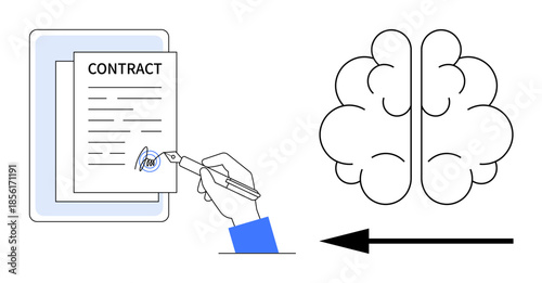 Contract concept. Contract signing illustrated with hand and pen next to brain diagram and arrow. Contract process emphasizing decision-making and intellectual engagement. For legal, education