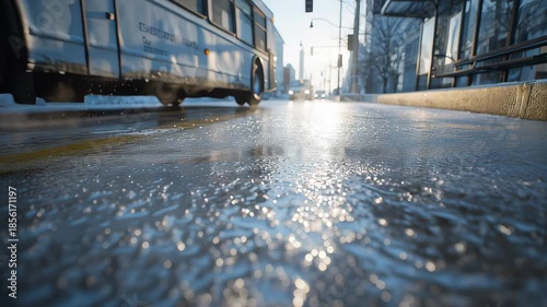 Icy city street with a bus approaching on a frozen road surface reflecting winter light showing dangerous urban traffic conditions and cold weather risk