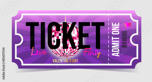 Valentine's Day party ticket. Disco ball on a dark purple background, glow effect, soft gradient, modern bright design.