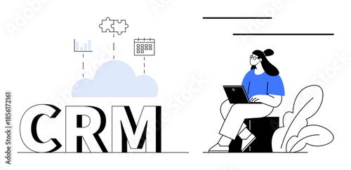 CRM concept. CRM system connecting cloud technology, data analysis, and scheduling. CRM enhances remote work efficiency with streamlined processes. For business management, productivity