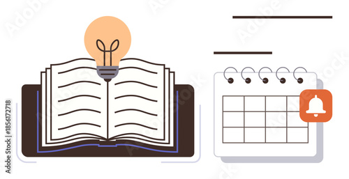 Open book with lightbulb representing ideas, next to a calendar with a bell icon indicating reminders. Ideal for education, planning, innovation, organization, creativity, knowledge sharing